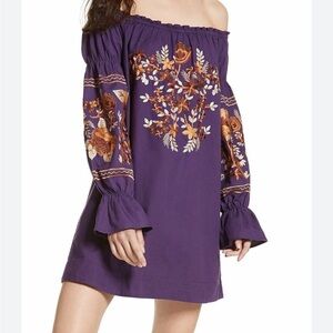 Free People Fleur Du Jour Embroidered Cotton Mini Dress, Women’s Large, Purple